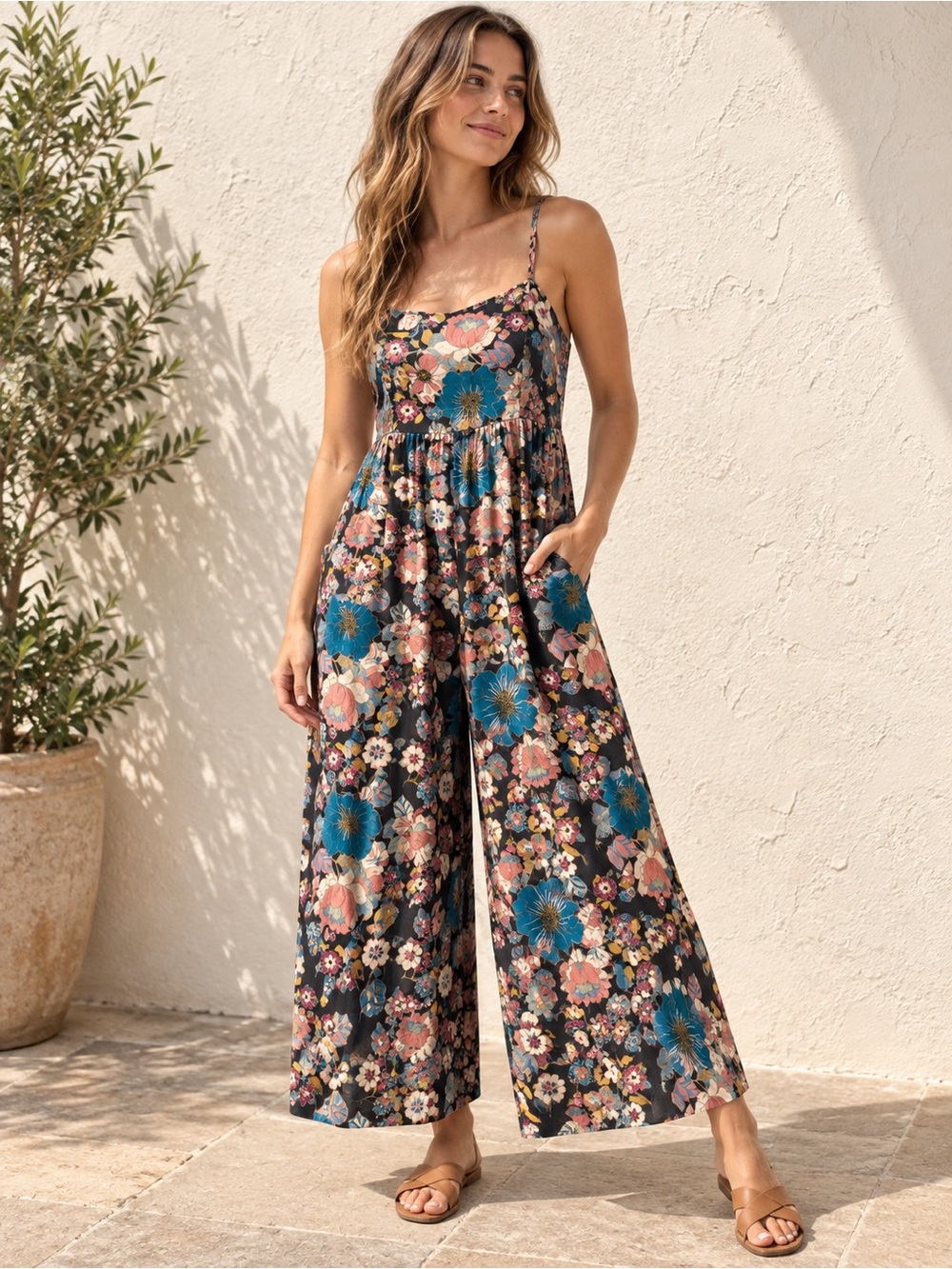 Natural Life Black Floral Wide Leg Jumpsuit Boho Cottagecore Festival Sz S